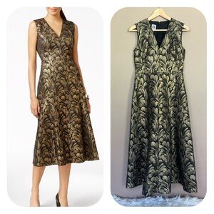 {Anne Klein} Sleeveless V-Neck A-LIne Midi Dress in Metallic Gold - Womens 2